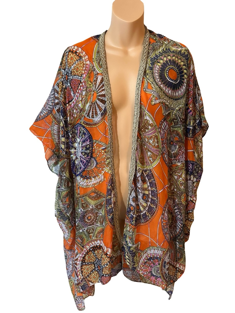 Amanda Blu Vibrant Orange Boho Geometric Kimono Cardigan Cover Up